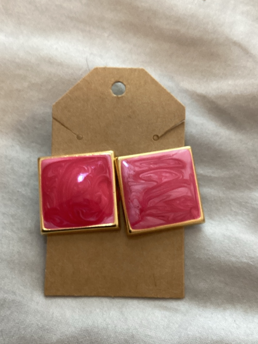 Gold-Edged Pink Square Resin Stud Earrings